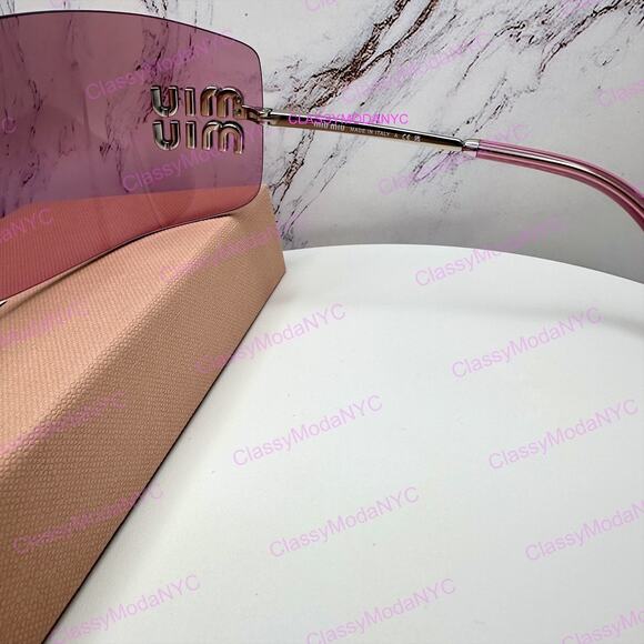 New MIU MIU Sunglasses Aube Silver Pink Mirror Rimless Wrap Authentic Womens